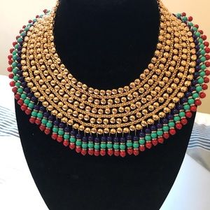 Gold Dark Purple Turquoise Red Czech Druk Glass Bead Collar Bib Necklace